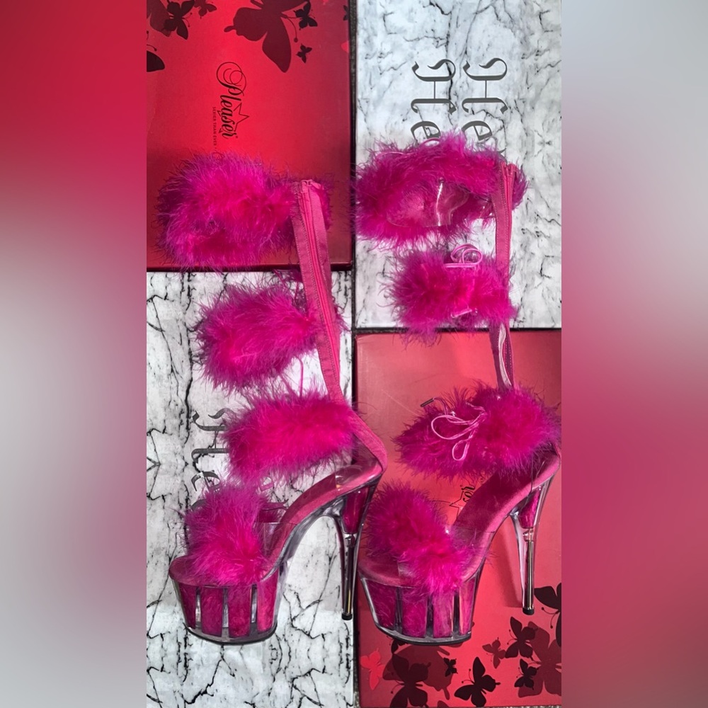 Adore-728F Hot Pink Marabou Fluffy Fur Stripper Pole Dance Heels Gladiator Shoes - Picture 3 of 14